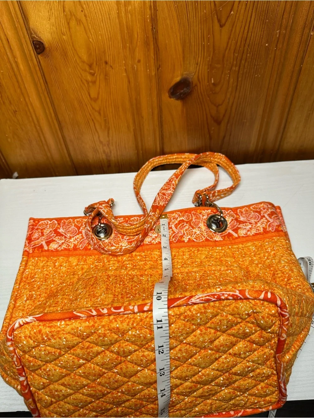 Quilted Orange Floral-Trim Tote Bag - Women's Shoulder Tote - Picture 11 of 14